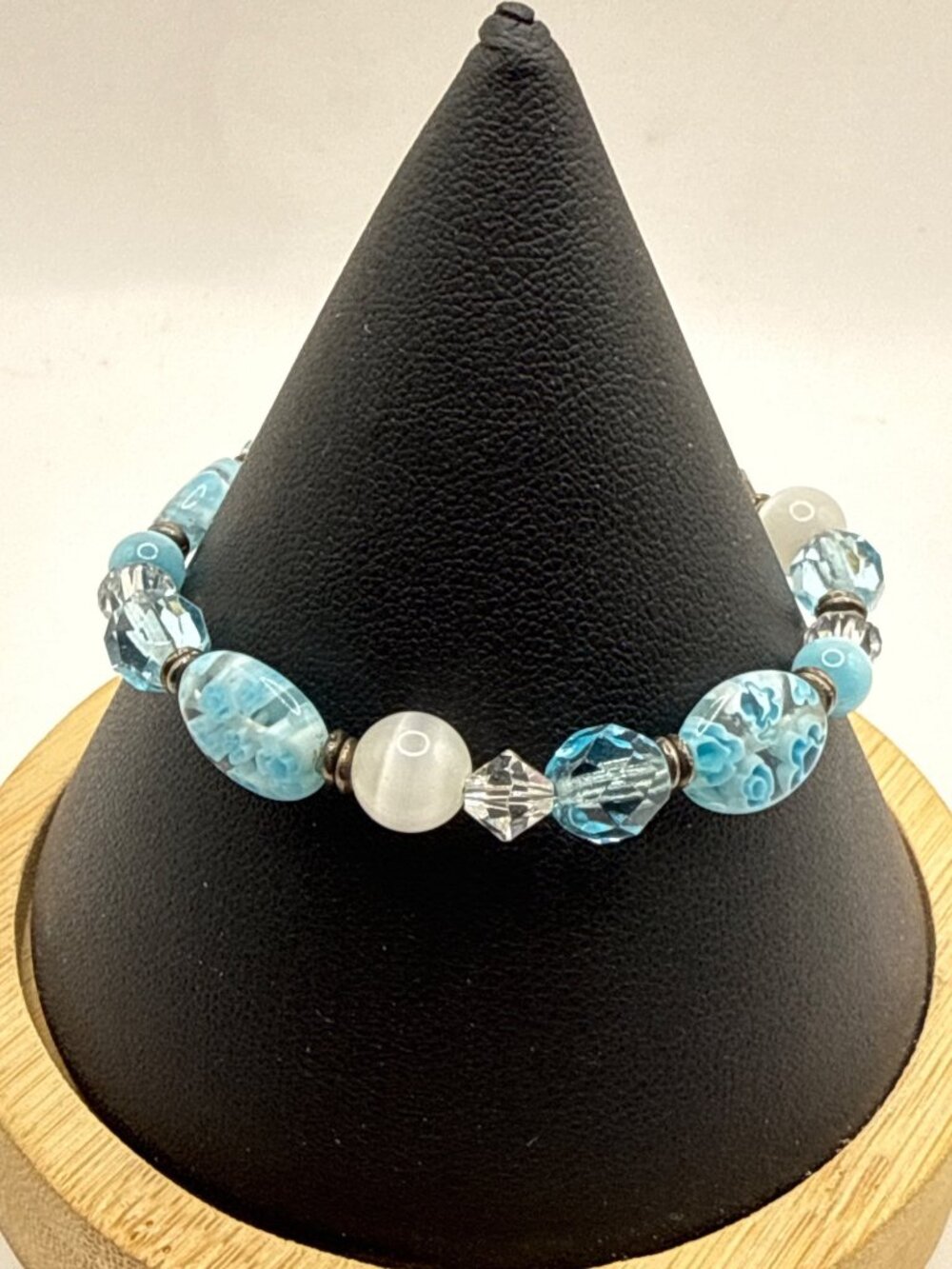 Bead Retreat Blue Lampwork Flower Crystal Beaded Bracelet Vtg Style